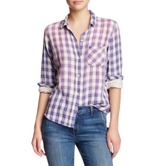 CURRENT ELLIOTT The Slim Boy Plaid Button-Up Cotton Shirt Cobalt Blue & Purple S - Picture 1 of 12